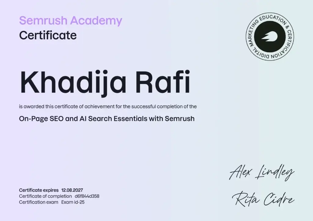 Khadija Rafi_Cerificate_Semrush.