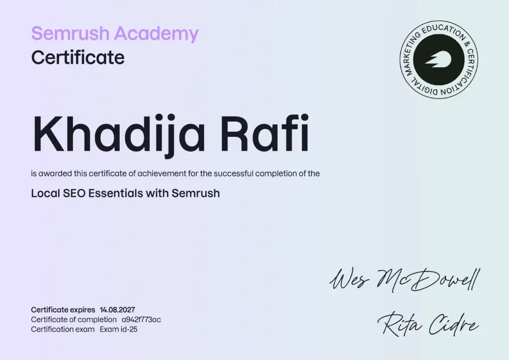semrush-local-seo-essentials-certificate-khadija Rafi.